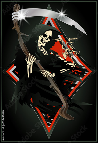 Vintage poker diamonds card Grim Reaper , vector illustration