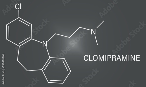 Clomipramine tricyclic antidepressant drug molecule. Used in treatment of depression, obsessive-compulsive disorder, etc. Skeletal formula.