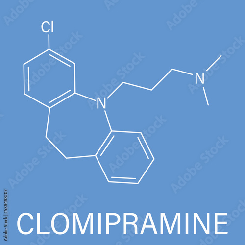 Clomipramine tricyclic antidepressant drug molecule. Used in treatment of depression, obsessive-compulsive disorder, etc. Skeletal formula.