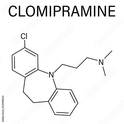 Clomipramine tricyclic antidepressant drug molecule. Used in treatment of depression, obsessive-compulsive disorder, etc. Skeletal formula.