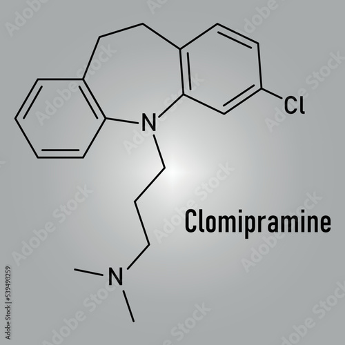 Clomipramine tricyclic antidepressant drug molecule. Used in treatment of depression, obsessive-compulsive disorder, etc. Skeletal formula.