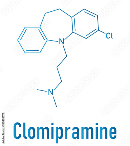 Clomipramine tricyclic antidepressant drug molecule. Used in treatment of depression, obsessive-compulsive disorder, etc. Skeletal formula.