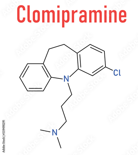 Clomipramine tricyclic antidepressant drug molecule. Used in treatment of depression, obsessive-compulsive disorder, etc. Skeletal formula.