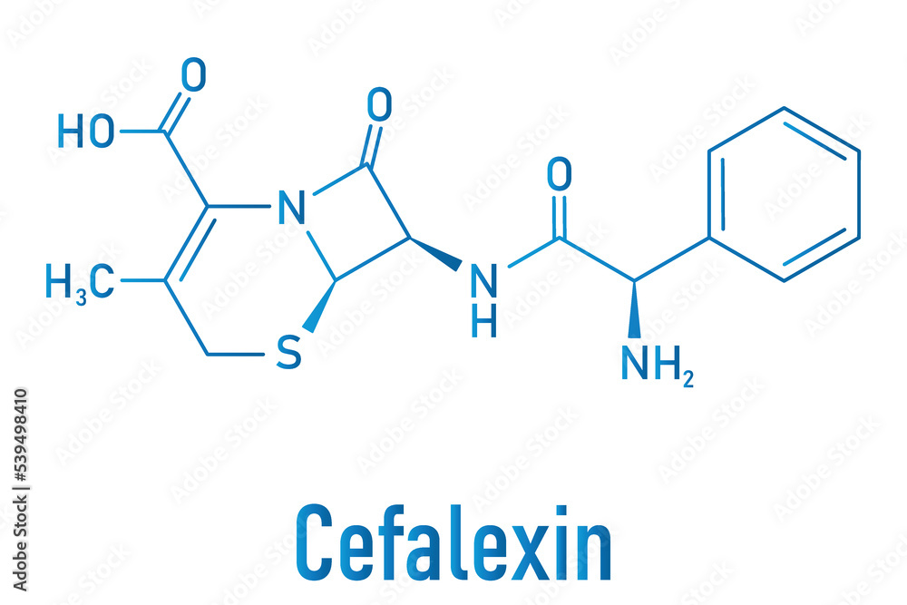 Cefalexin antibiotic drug molecule (cephalosporin, first generation). Skeletal formula. Cefalexin antibiotic drug molecule (cephalosporin, first generation). Skeletal formula.