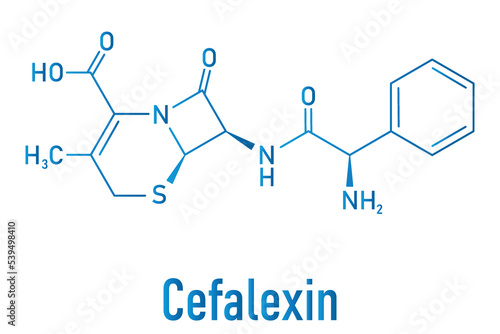 Cefalexin antibiotic drug molecule (cephalosporin, first generation). Skeletal formula.