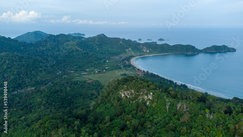 Aerial view of hills, tropical forest and Lhok paroy beach.