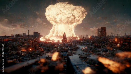The explosion of an atomic bomb in the city. A mushroom after the nuke explodes. Modern War View. Illustration of the third world war.