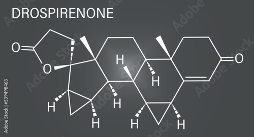 Drospirenone contraceptive drug molecule. Progestin used in birth control pills. Skeletal formula.