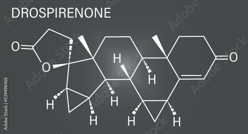 Drospirenone contraceptive drug molecule. Progestin used in birth control pills. Skeletal formula. photo