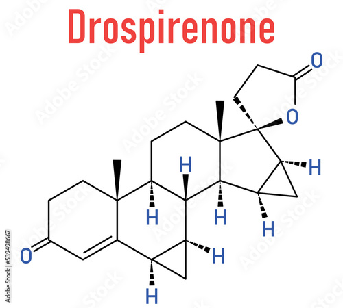 Drospirenone contraceptive drug molecule. Progestin used in birth control pills. Skeletal formula.
