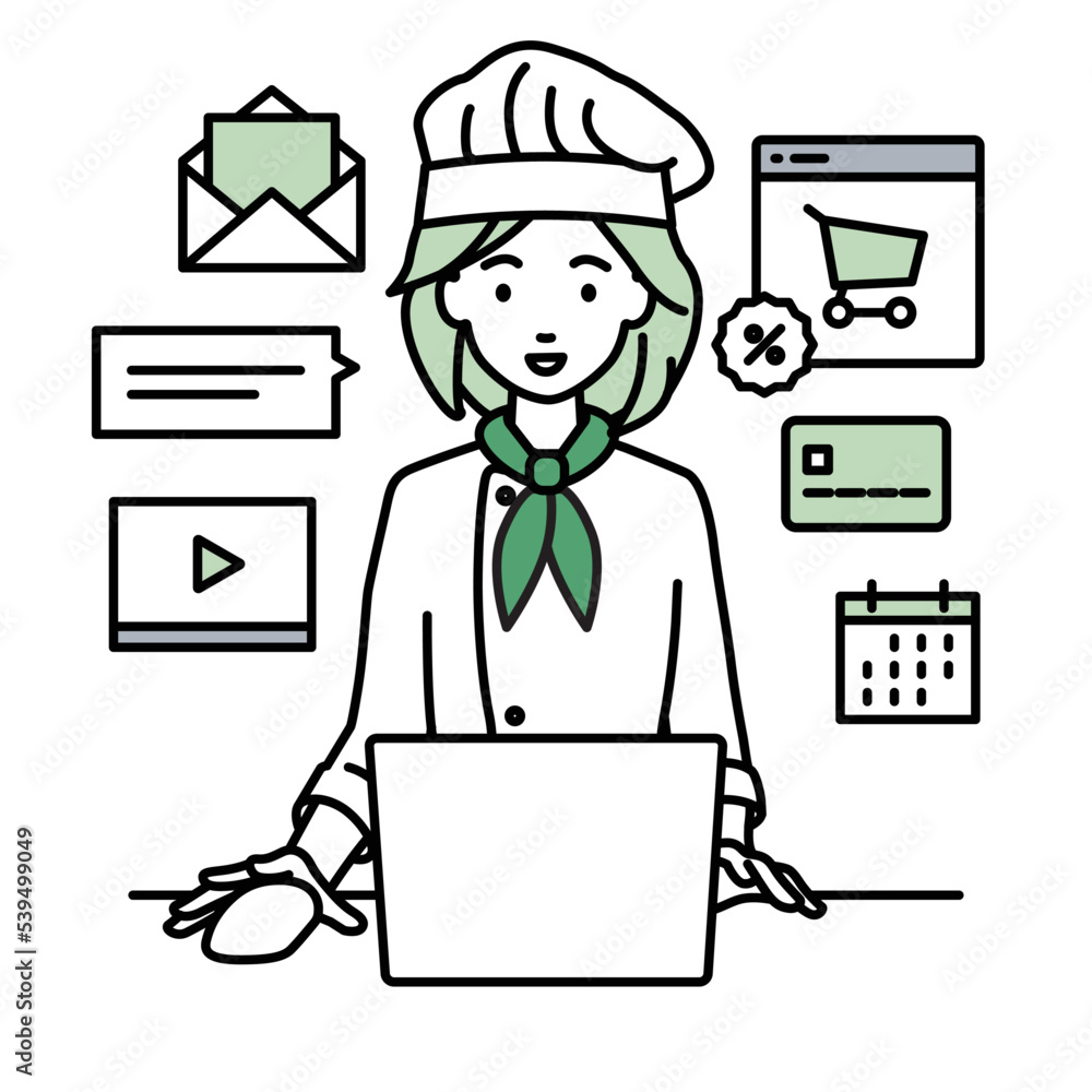 デスクで座ってPCでネットショップやマーケティングの仕事をしている調理師の女性