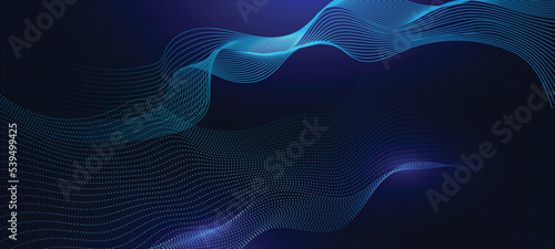 Wave line of flowing particles abstract vector on dark blue background, smooth curvy shape circle dots fluid array. 3d shape dots blended mesh, future technology relaxing wallpaper. © ribelco