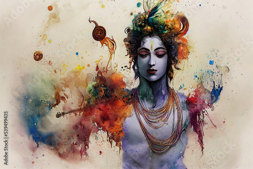 Obraz na plátně AI generated portrait of Hindu God Lord Krishna created using watercolors
