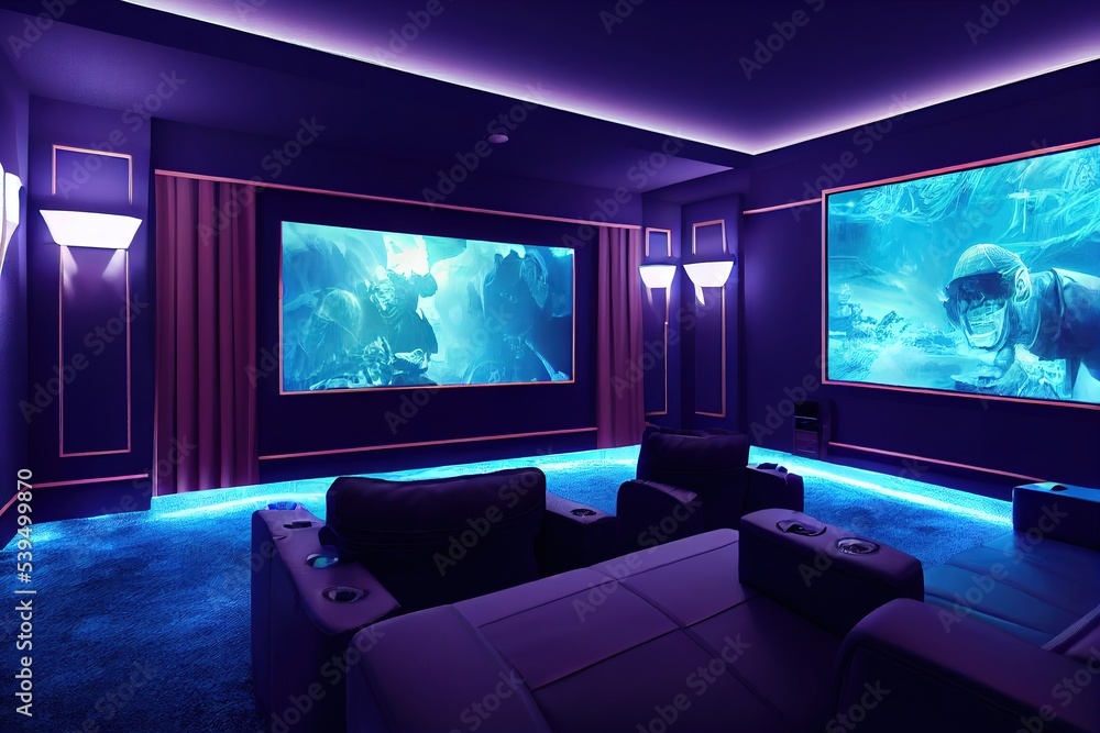 Home cinema, living room with colored LED lighting - Smart home. 3D render.  Raster illustration. Illustration Stock | Adobe Stock