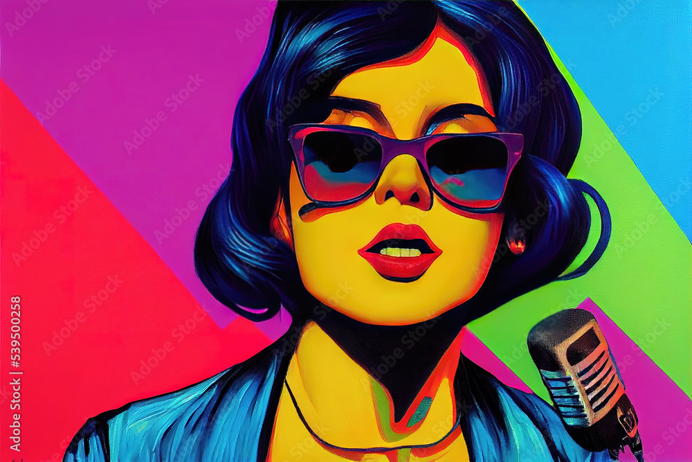 a pop art karaoke illustration of a woman with sunglasses singing at a microphone