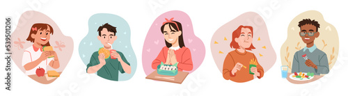 Kids having breakfast or lunch meals. Set of boys and girls with delicious food. Children eat fast food. Characters with favorite dishes. Cartoon flat vector collection isolated on white background