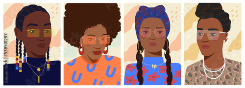 Set of beautiful African American women. Posters with portraits of young stylish girls in sunglasses. Beautiful fashion female characters. Cartoon flat vector collection isolated on white background