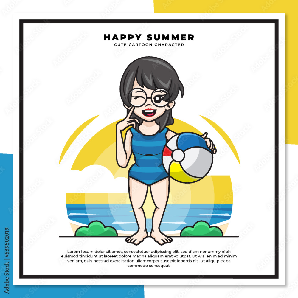 Cute cartoon character of girl on the beach with happy summer greetings