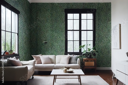 Fotografia Bright flat with white brick wall and monstera leaves wallpaper in botanic livin