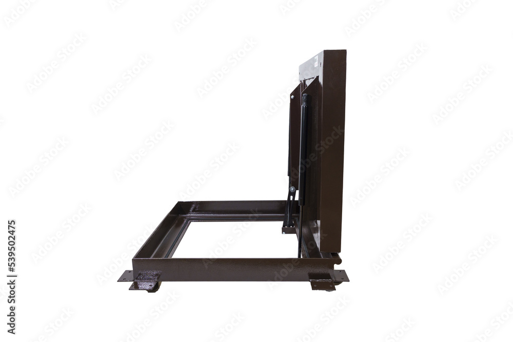 Metal hidden revision hatch for paving stones on a white background Metal hidden revision hatch for paving stones on a white background