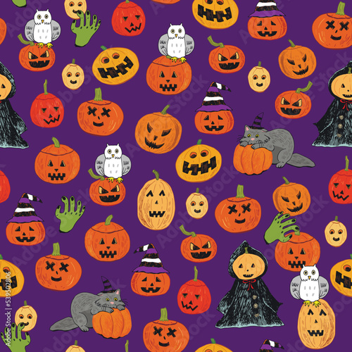 Halloween pumpkin doodles seamless vector pattern.