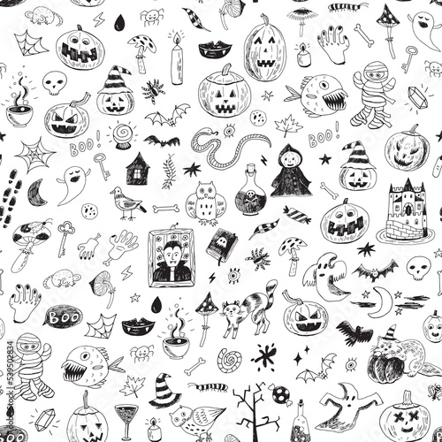Halloween doodles seamless vector pattern.