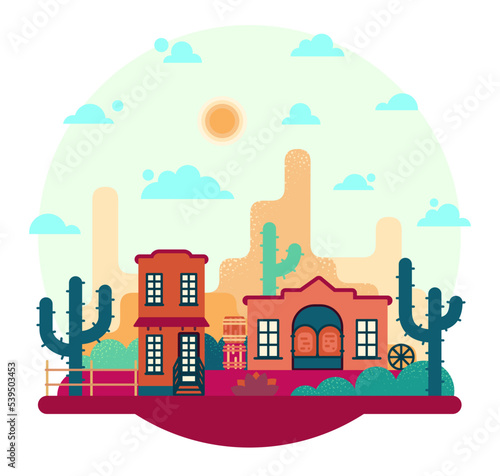 Small town in the wild west, vector cartoon illustration in flat stile