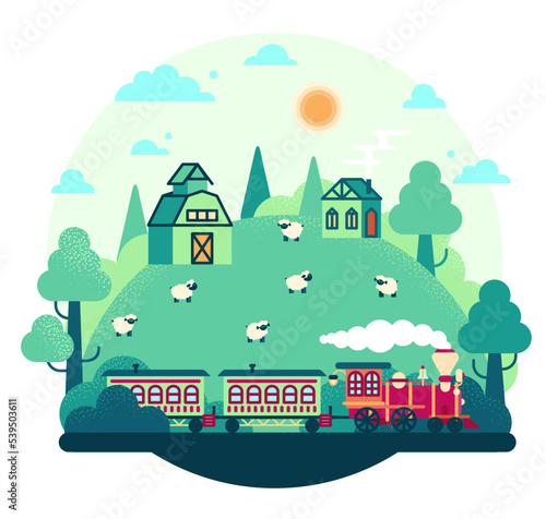 Vector cartoon illustration in flat stile - Train rides through a field with sheep. 