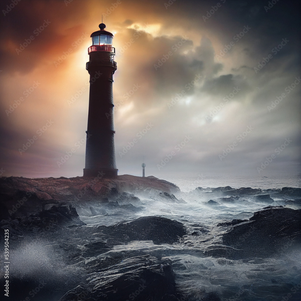 A lighthouse in the sea during a storm. A dark lighthouse on the water. Rough sea at sunset.