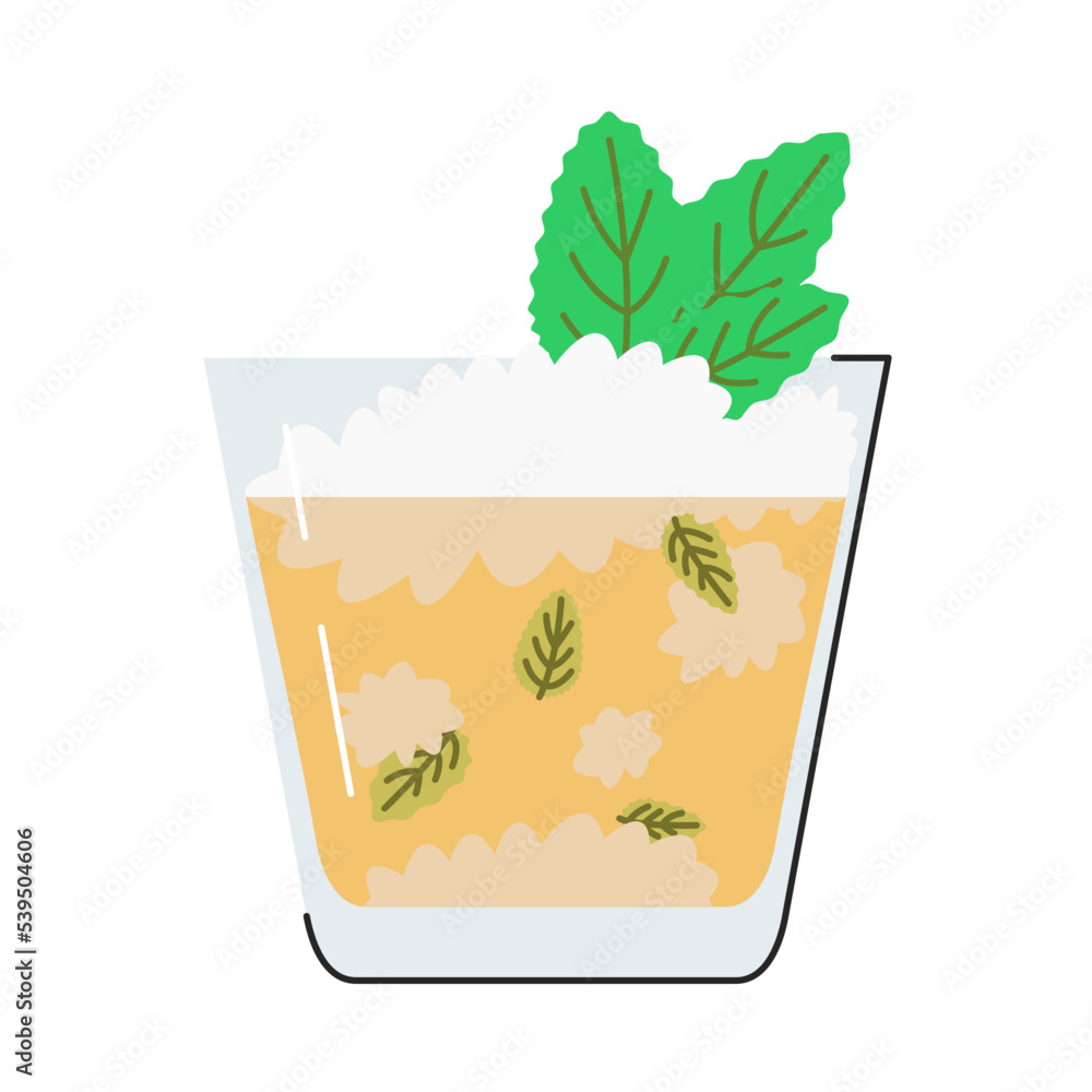 Mint Julep summer sweety cocktail in rocks glass isolated on white. Kentucky traditional long drink with mint leaves and ice cubes. Alcoholic beverage with sugar syrup. Mojito flat vector illustration - obrazy, fototapety, plakaty 