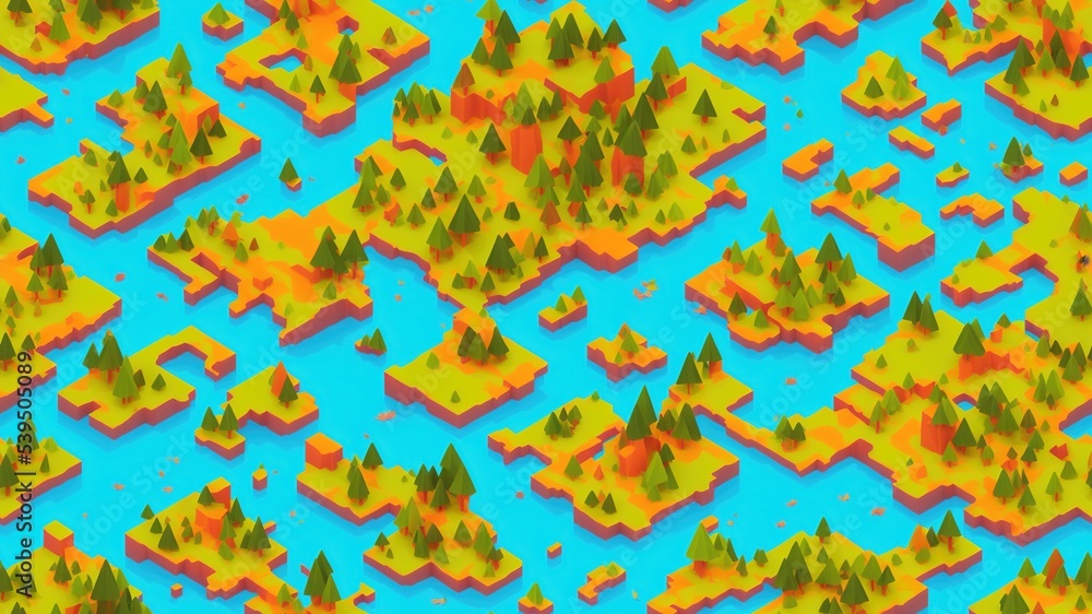 Seamless pattern of a  game like 3d isometric landscape with trees and river 