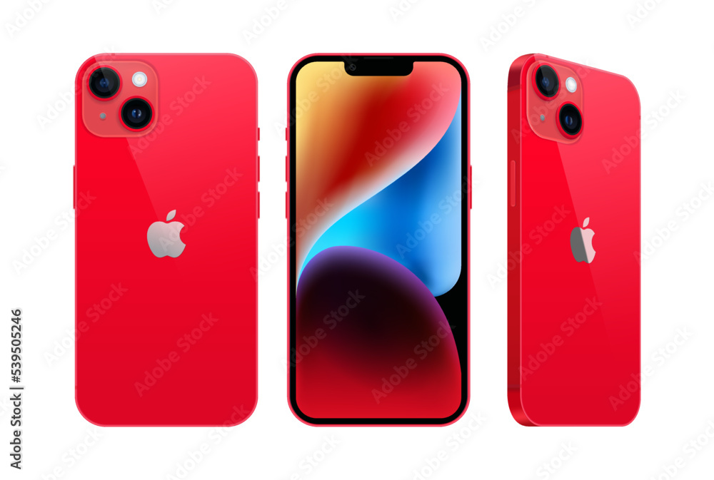 Set of Smart phone Apple iPhone 14 in different sides, in official red ...