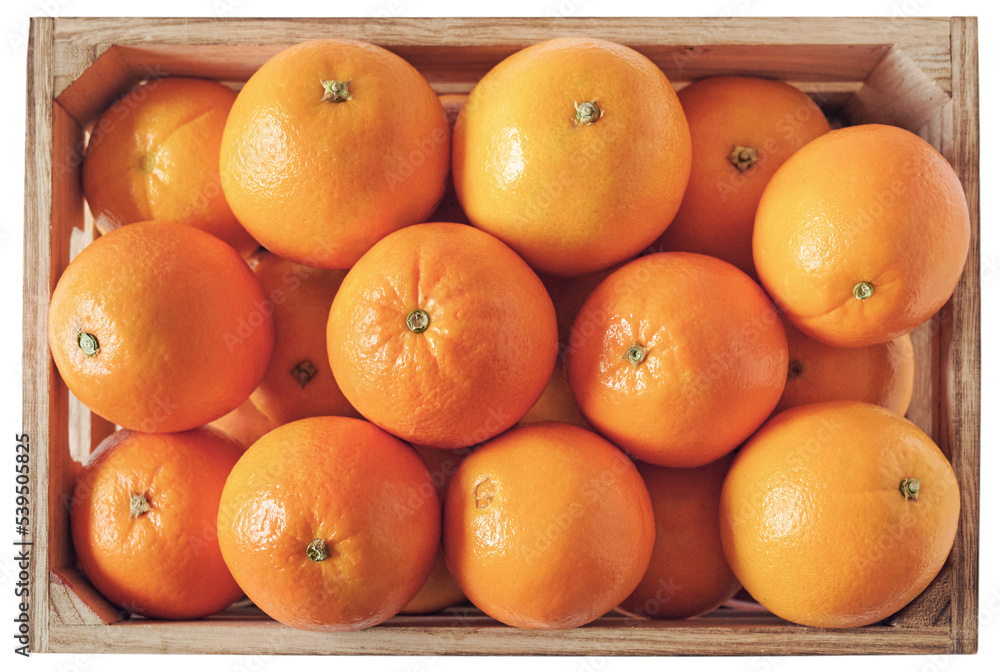 Oranges in a box high view