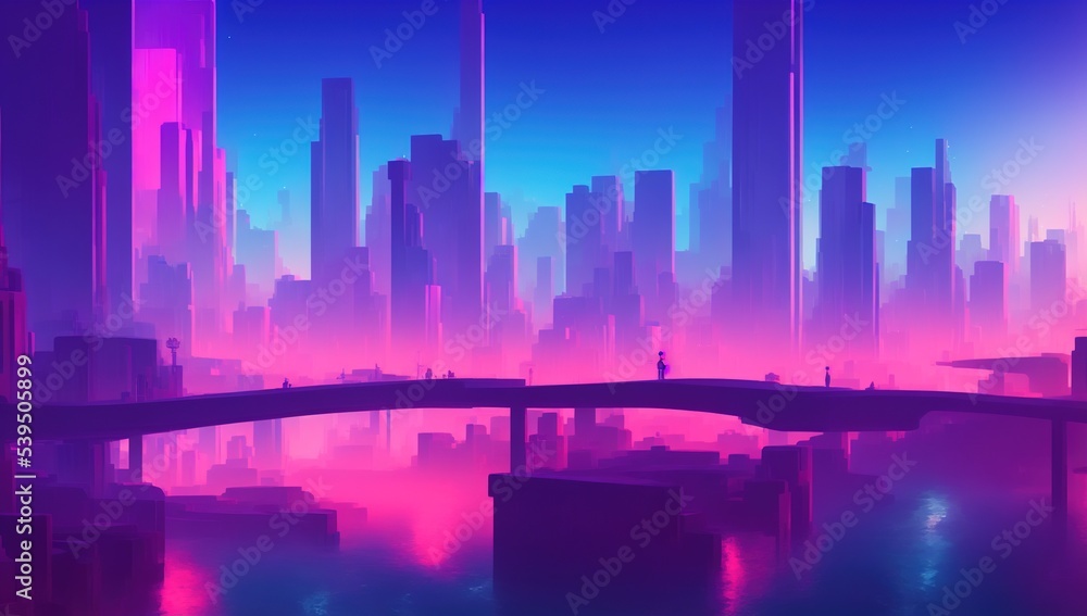 a digital painting of a river running through a neon night city in retrofuturism a digital painting of a river running through a neon night city in retrofuturism