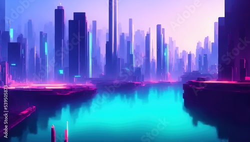 a digital painting of a river running through a neon night city in retrofuturism  © Faisal