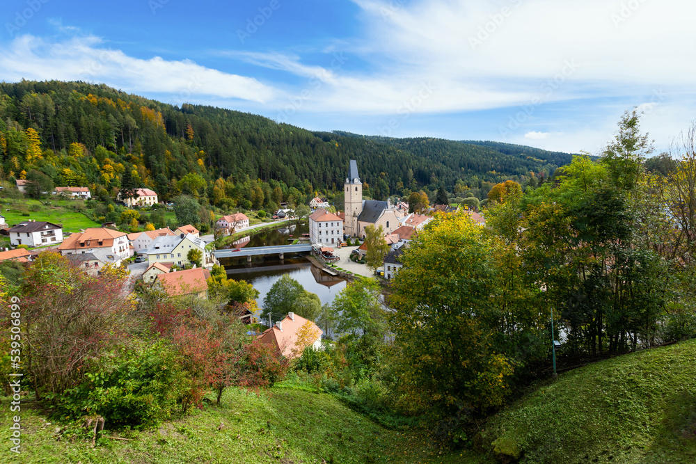 Fototapeta premium Small town and medieval castle Rozmberk nad Vltavou, Czech Republic.