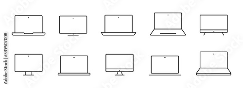 Computer monitor. Laptop vector icon set. Computer screen line icon