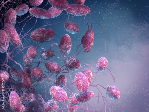 Medical background, Escherichia coli, gram-negative rod-shaped bacteria, serotype O157:H7, causes severe food poisoning, 3d rendering photo