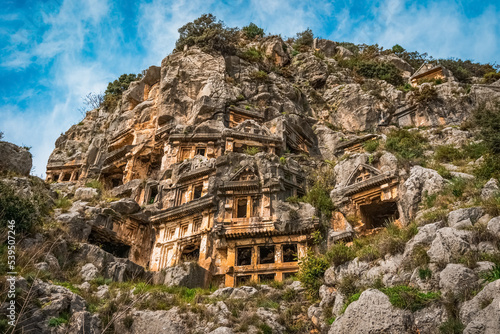Rock-cut tombs in Myra Ancient City. The Ancient City of Myra, located in Antalya’s Demre province. photo
