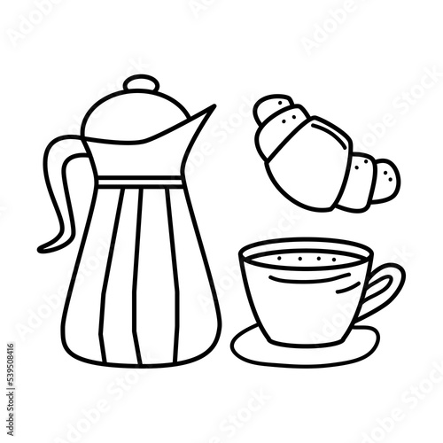 Tea cup with teapot and croissant in hand drawn doodle style. Tea time concept. Vector illustration.