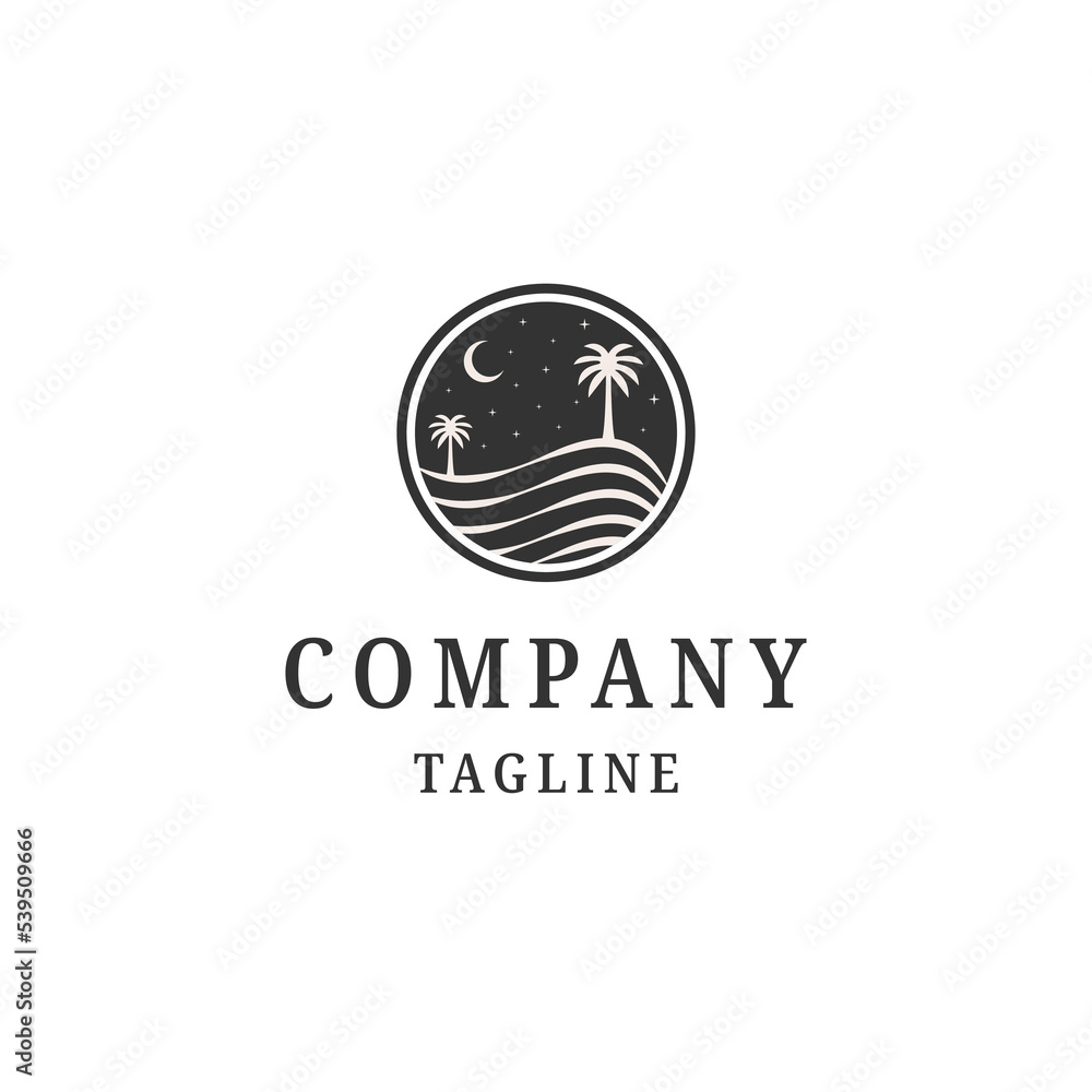 Night waves, palm tree logo with round style design template flat vector illustration