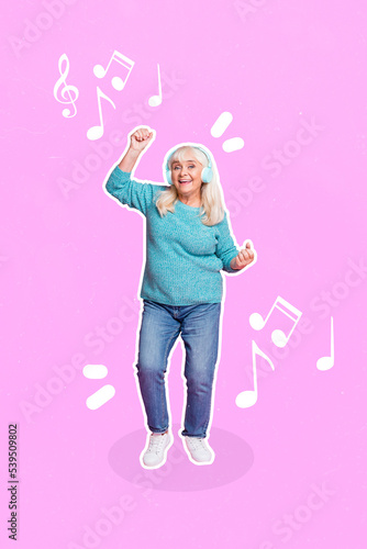 Composite collage image of active cool beautiful retired woman grandma dancing listen music headphones enjoy melody fell young pinup pin up