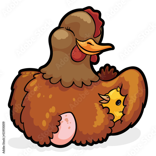 Lovely Chicken with its Little Chick and Egg, Vector Illustration