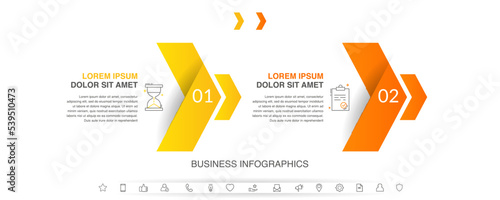 Vector timeline infographics with two steps, icons, flowchart, workflow and process infographic. Illustration template with arrows.
