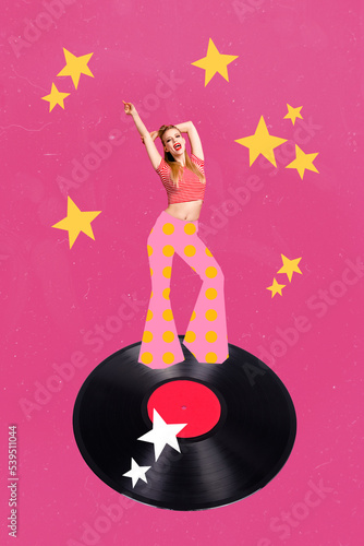 Creative trend collage of funny attractive young woman dancing retro vintage vinyl recorder have fun enjoy party boogie woogie figurative photo