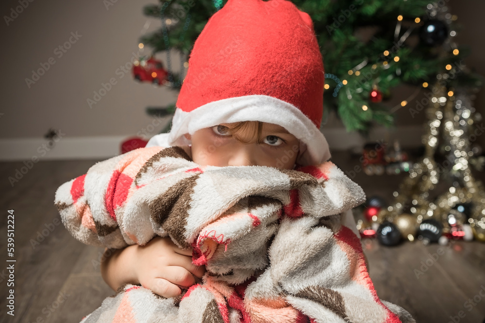 A little boy dresses up an artificial Christmas tree. Preparation for Christmas and New Year. Santa's red hat. A little boy dresses up an artificial Christmas tree. Preparation for Christmas and New Year. Santa's red hat.
