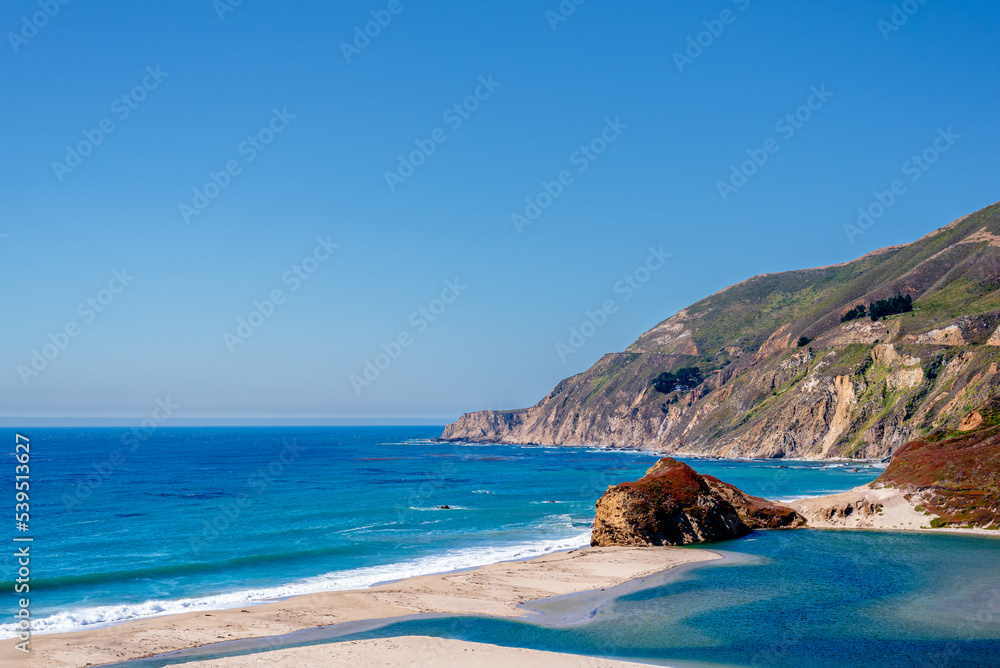 Big Sur, California with Pacific Coast Ocean with beach and mountains