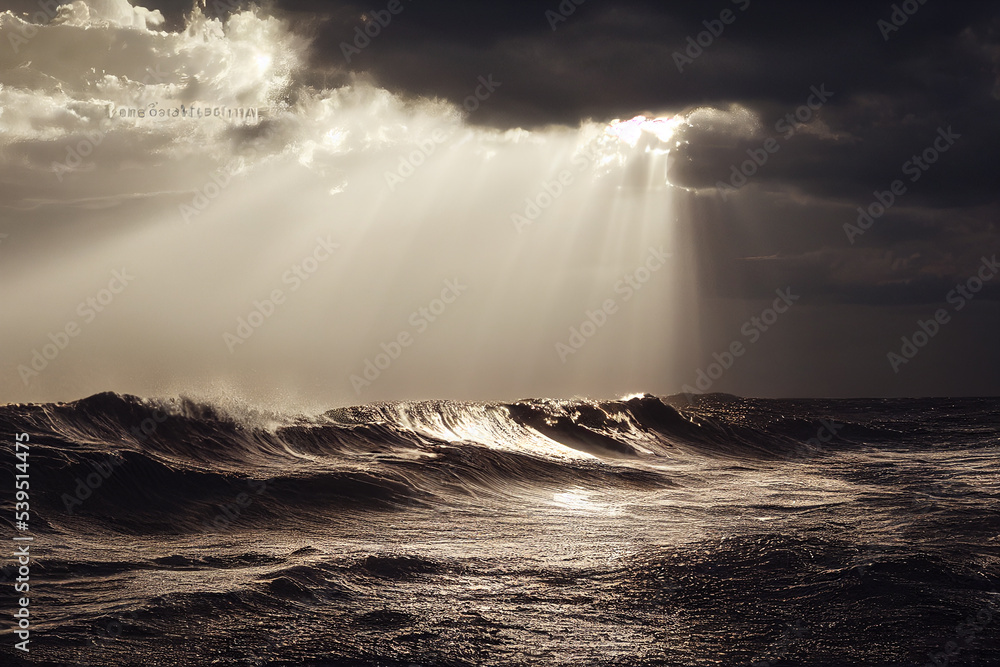 Ocean Waves with horizon and sunbeams