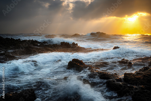 Ocean Waves with horizon, Coast and sunbeams