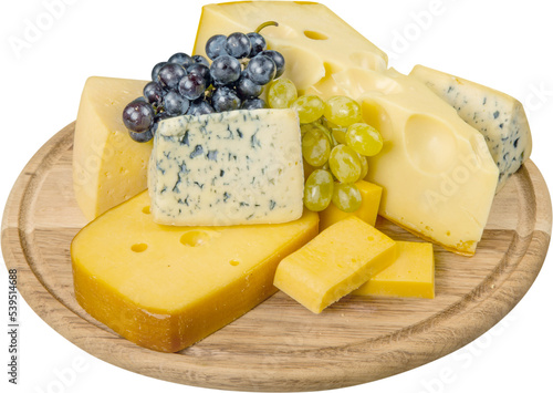 Various Kinds of Cheeses and Grape on the Wooden Platter - Isolated